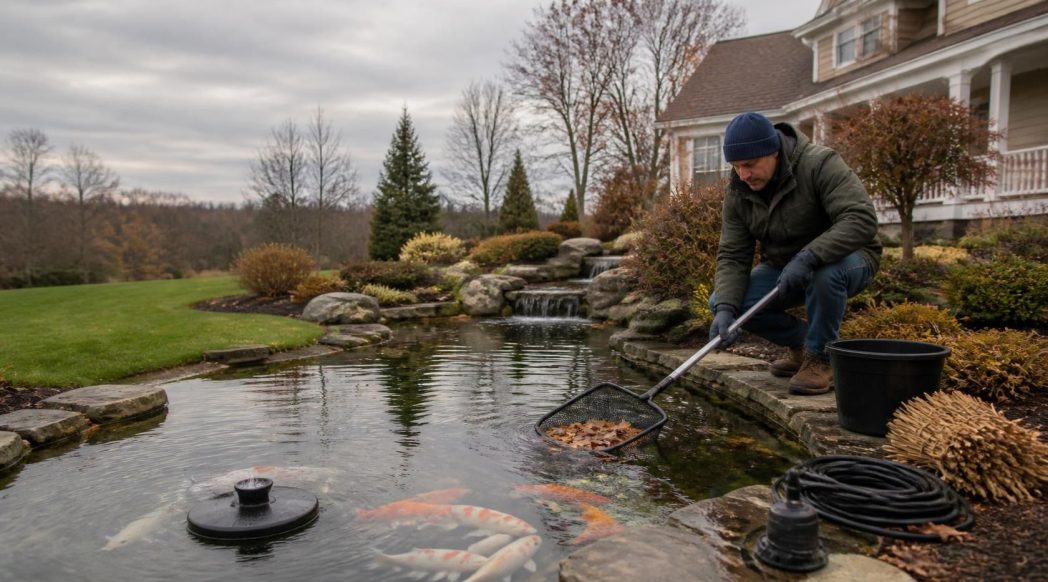 Koi pond with a deicer keeping a hole in the ice in Andover MA