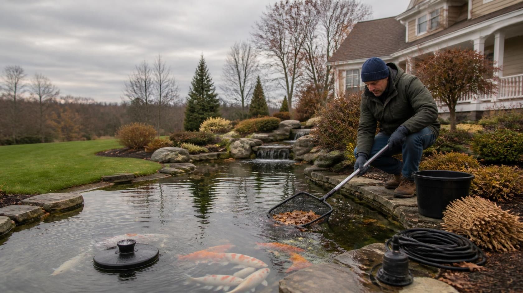 Koi pond with a deicer keeping a hole in the ice in Andover MA
